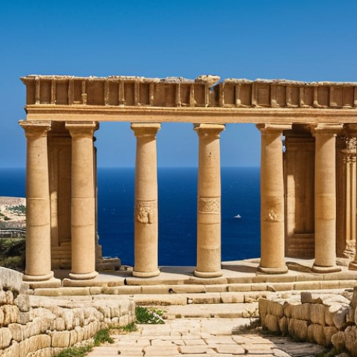 **Malta's Rich Cultural Heritage**: Create an image showcasing the ancient temples of Ħaġar Qim with a backdrop of the Mediterranean Sea, highlighting the intricate architecture and historical significance. Include elements that evoke a sense of time travel, such as knights or ancient artifacts.