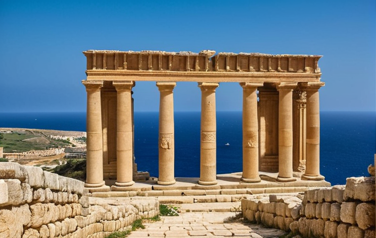 **Malta's Rich Cultural Heritage**: Create an image showcasing the ancient temples of Ħaġar Qim with a backdrop of the Mediterranean Sea, highlighting the intricate architecture and historical significance. Include elements that evoke a sense of time travel, such as knights or ancient artifacts.